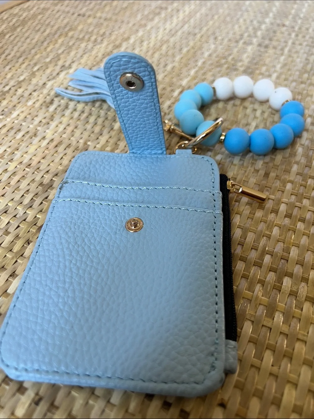Light blue white silicon bead bracelet wristlet keychain wallet ID vegan pebbles